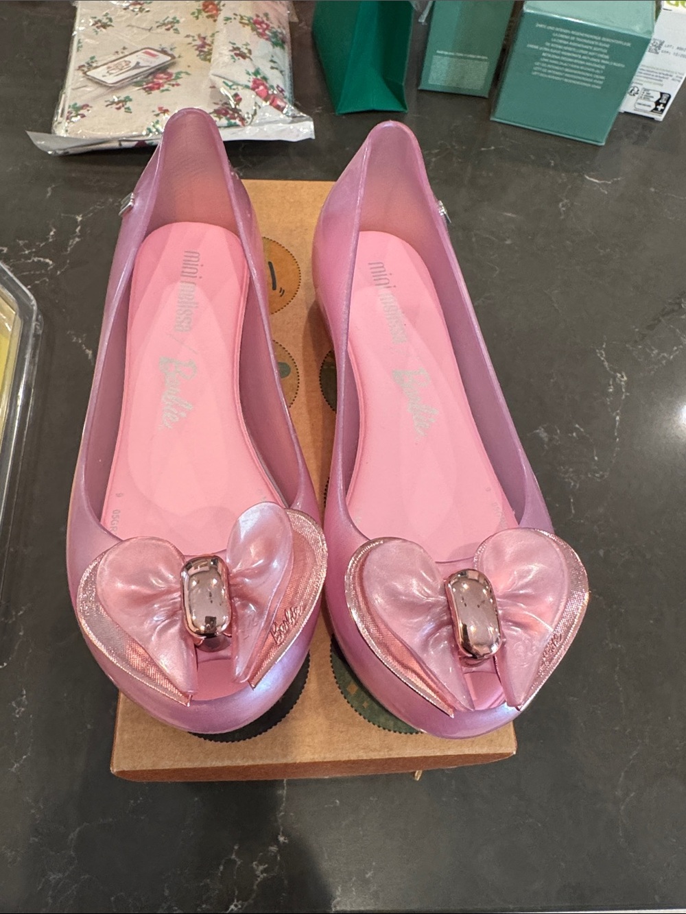 Mini melissa Barbie Pink Heart-Embellished Jelly Flats size 13